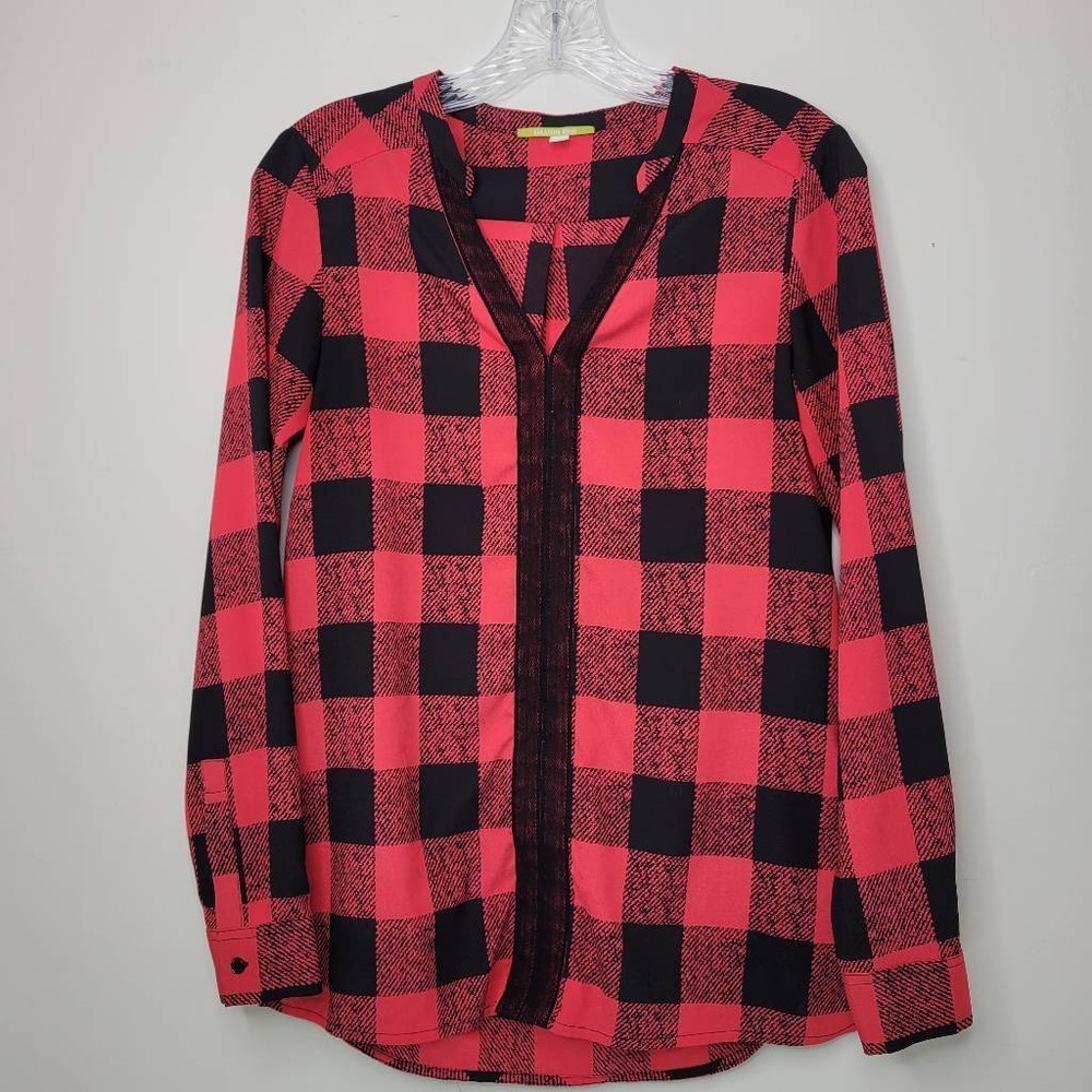 Gianni Bini Blouse XS Red Black Buffalo Plaid Lace Trim Boho Art-Inspired Blouse - Picture 1 of 9